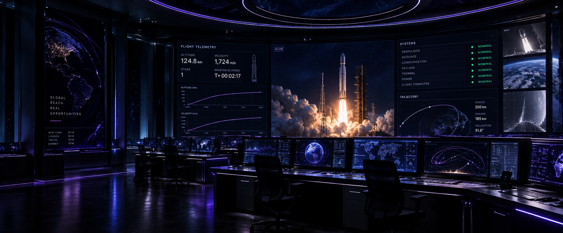 Aerospace mission control room with rocket telemetry screens and purple-blue lighting