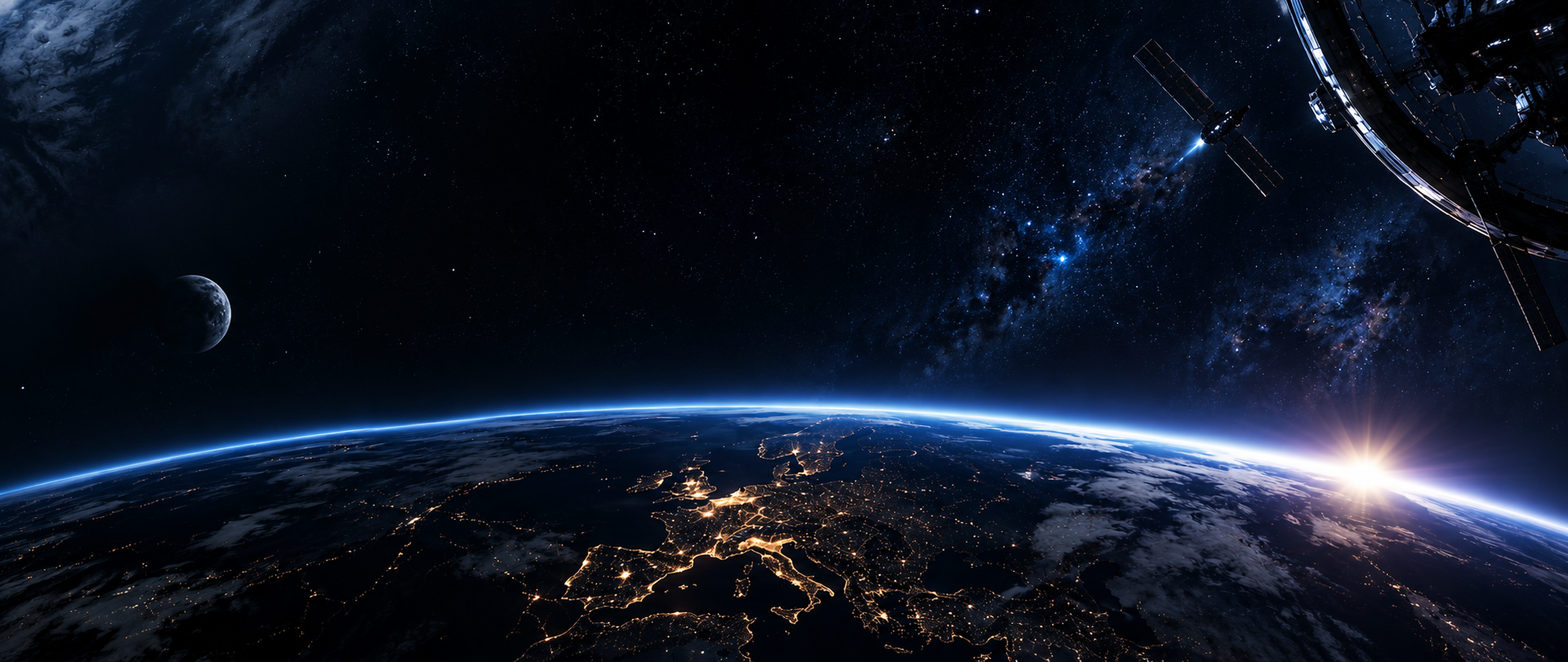 Earth's curved horizon glowing with city lights at night, a satellite drifting above against deep space