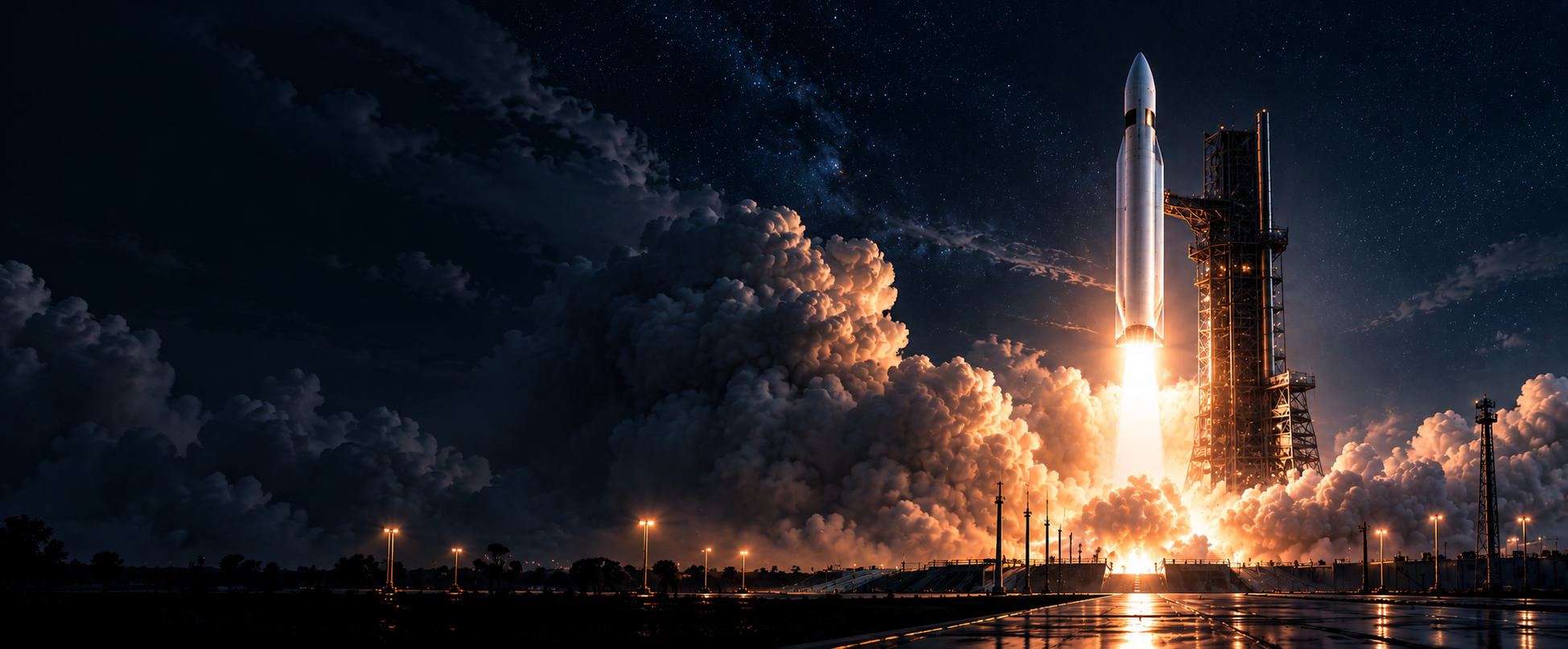 Rocket lifting off from a launchpad at night with illuminated smoke against a starfield